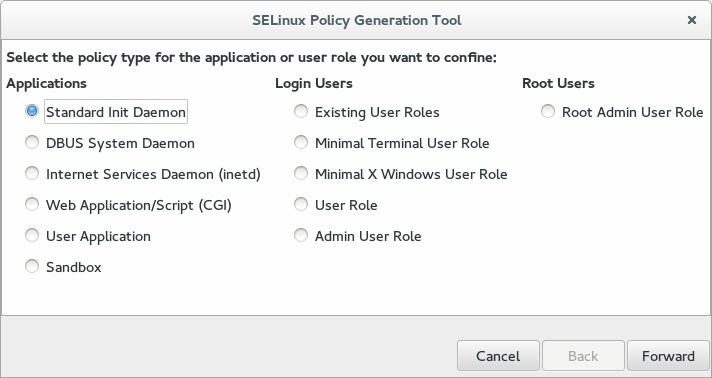 SELinux Policy Generation Tool - Select policy type