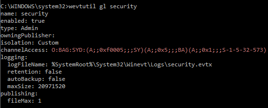 wevtutil command result