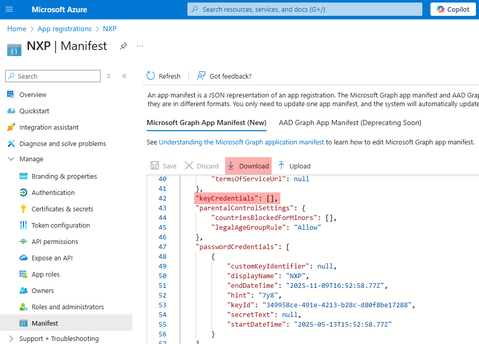 Microsoft Entra ID application manifest download