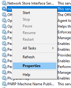 Windows service properties context menu