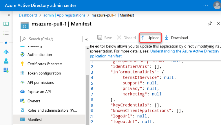 Microsoft Azure AD application manifest upload