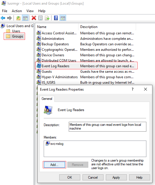 Adding a user to the Event Log Readers group