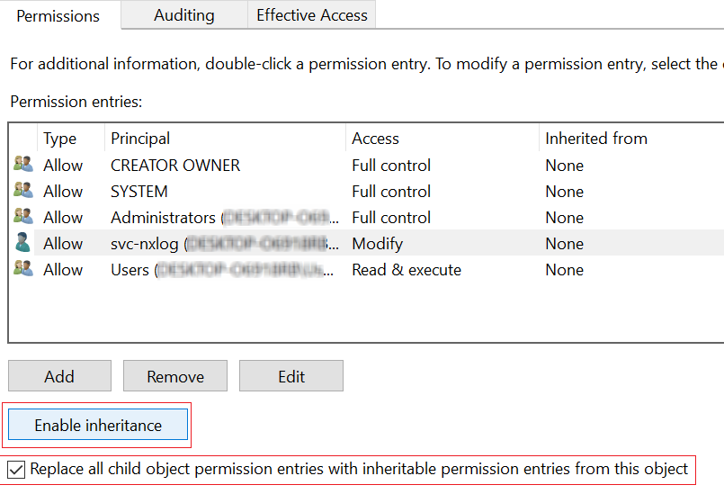 Set recursive permissions on the NXLog Agent directory