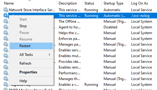 Restarting the NXLog Agent service
