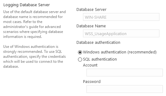 Configuring the logging database