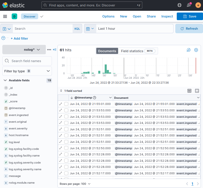 Kibana showing log entries