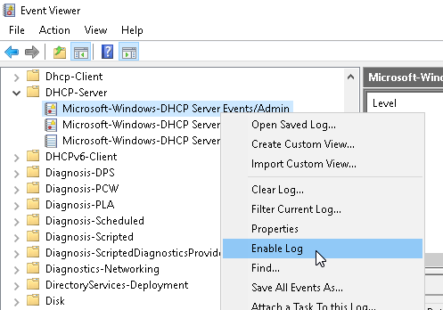 Enabling DHCP server logs