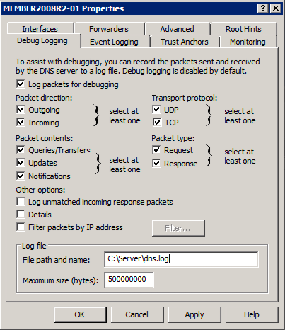 DNS Server Properties window