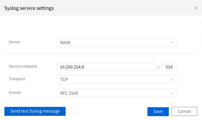 The Syslog service settings dialog window