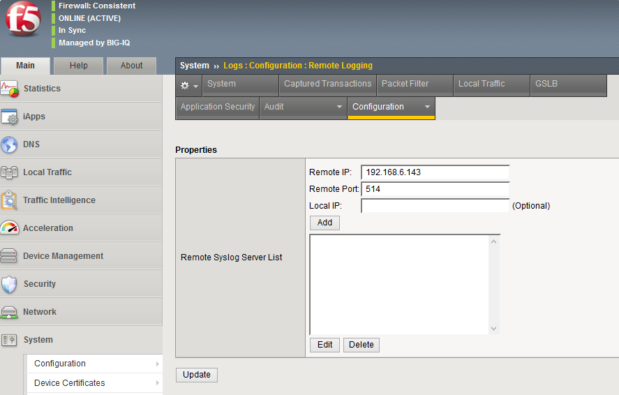 BIG-IP Remote Logging configuration