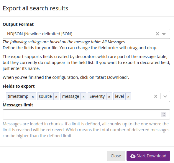 Graylog log export options