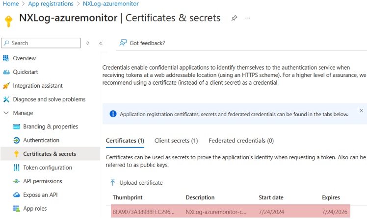 Microsoft Sentinel client certificate