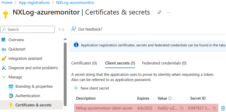 Microsoft Sentinel client secret