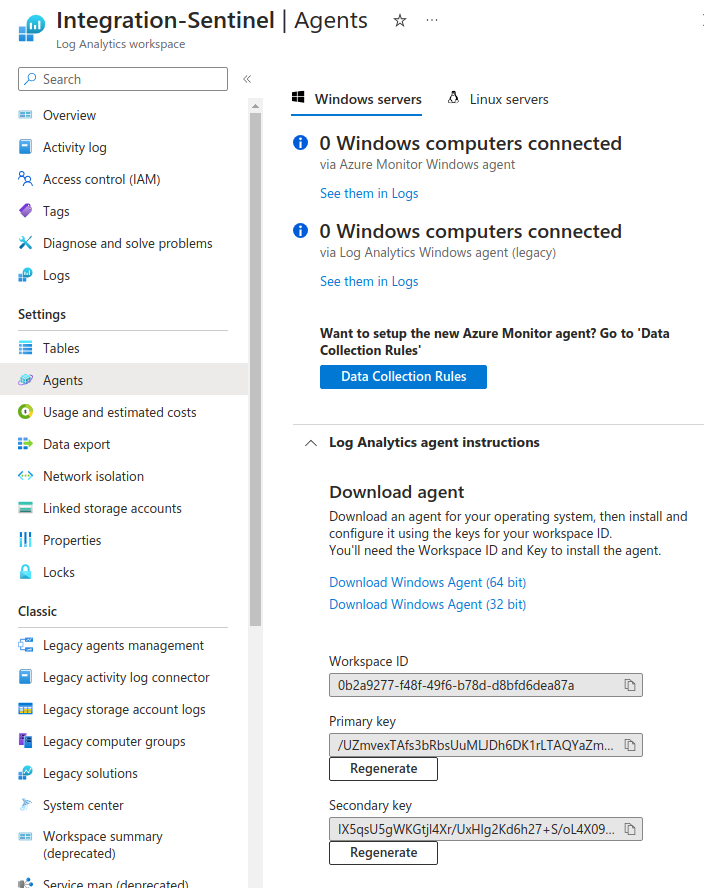 Log analytics > Workspace > Agents management