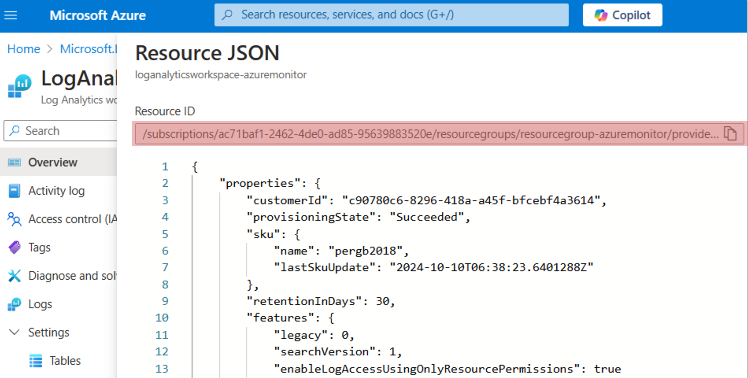 Microsoft Azure Log Analytics workspace JSON"