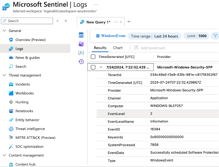 Microsoft Sentinel log reception