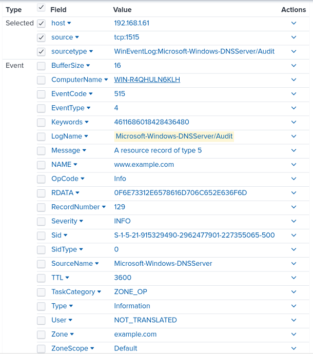 Parsed DNS Server audit log record in Splunk