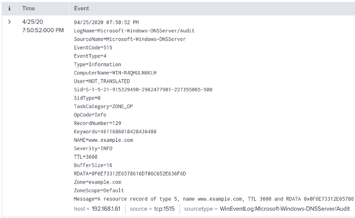 DNS Server audit logs in Splunk