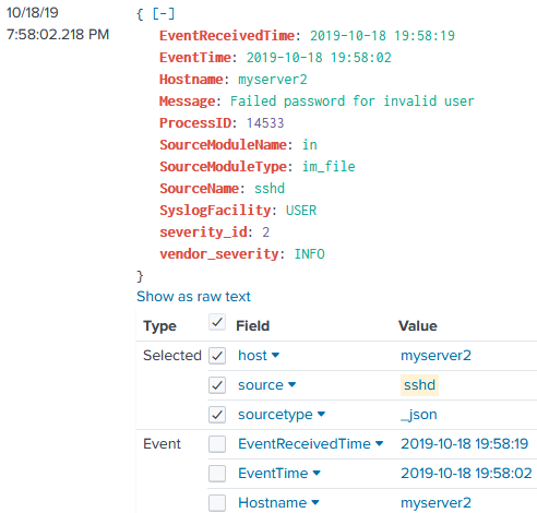 Log record sent to a Splunk HEC input