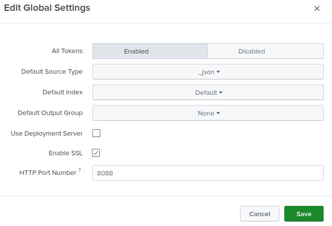 Splunk HEC Global Settings