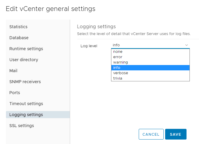 vCenter Logging Options