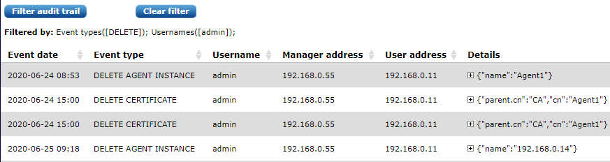 Audit trail filtered by Delete Event Type