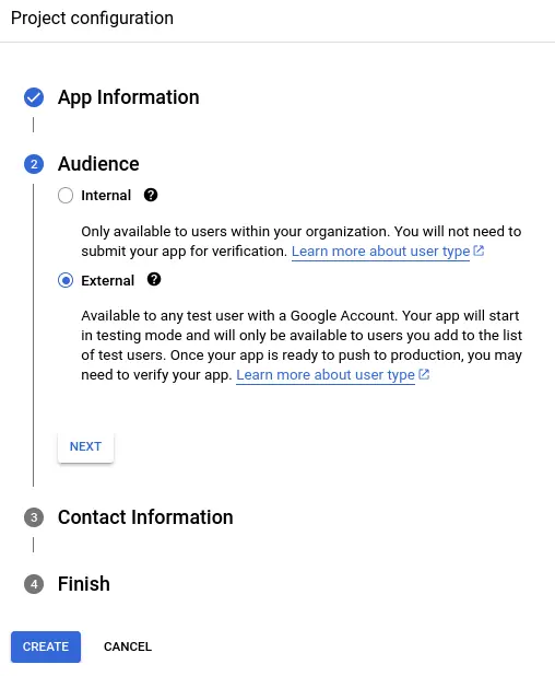 Google Auth Platform audience configuration screen