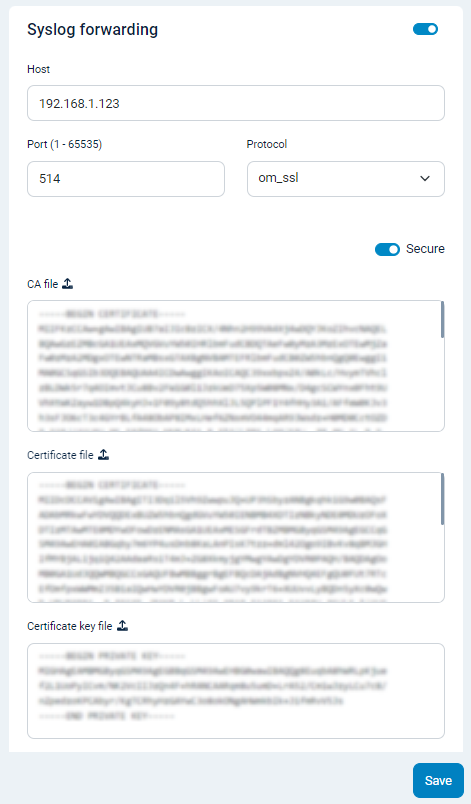 NXLog Platform syslog forwarding settings