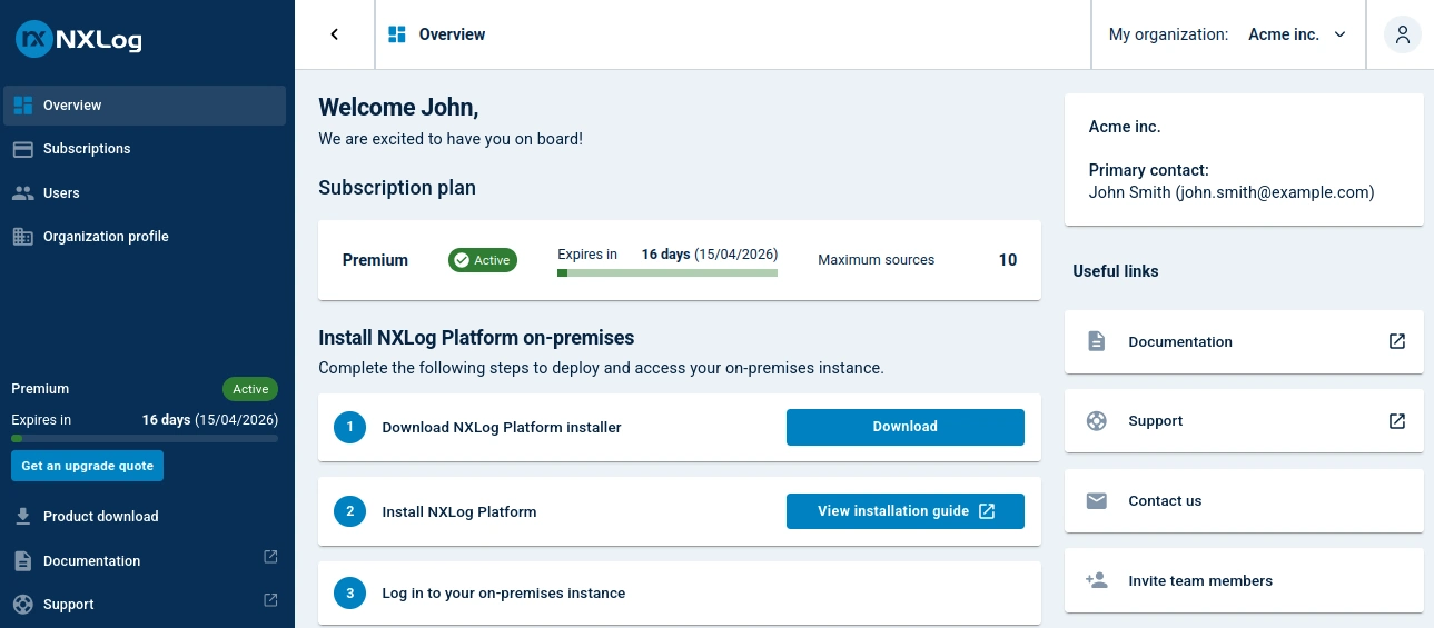 NXLog Platform Customer Portal overview