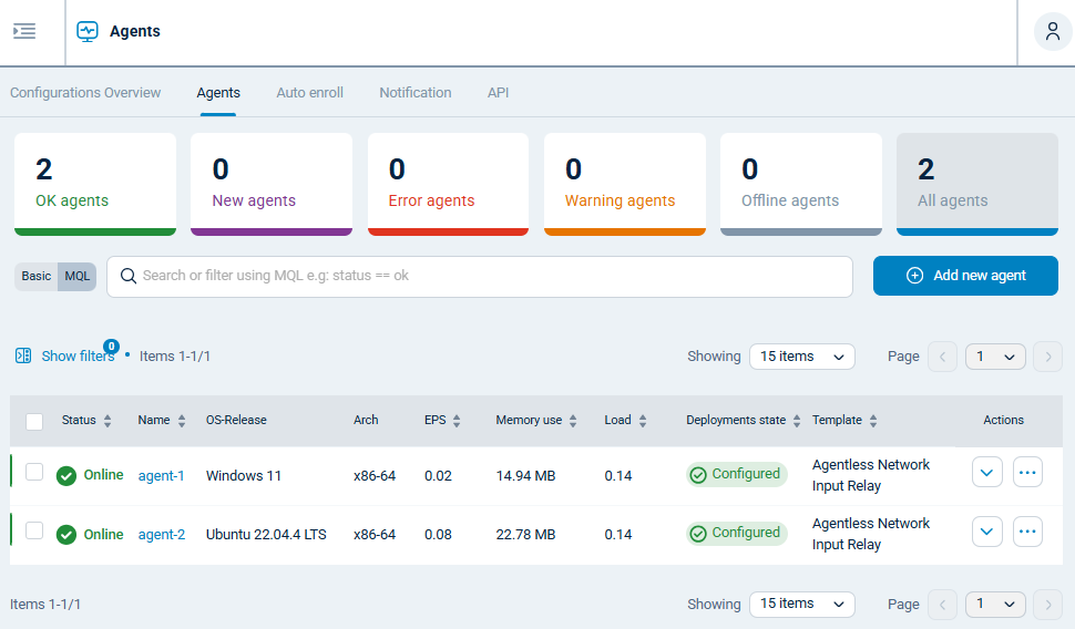 NXLog Platform Agents view