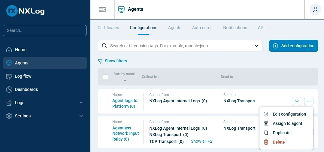 Deleting the built-in agent configurations