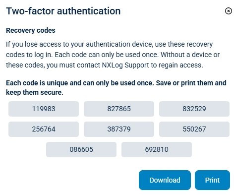 NXLog Platform two-factor authentication recovery codes
