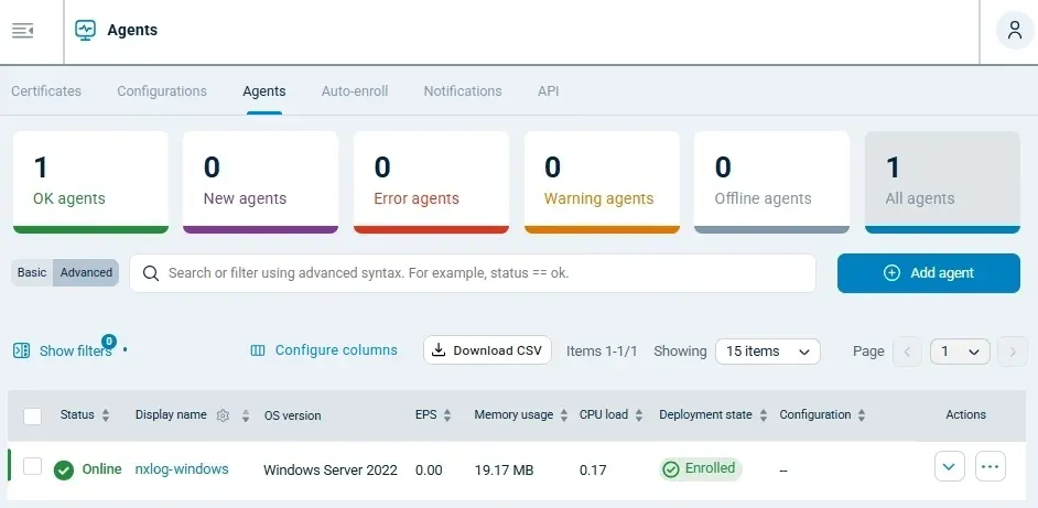 Enrolled NXLog Agent