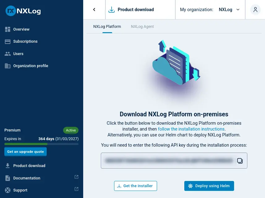 NXLog Platform on-premises download and API key