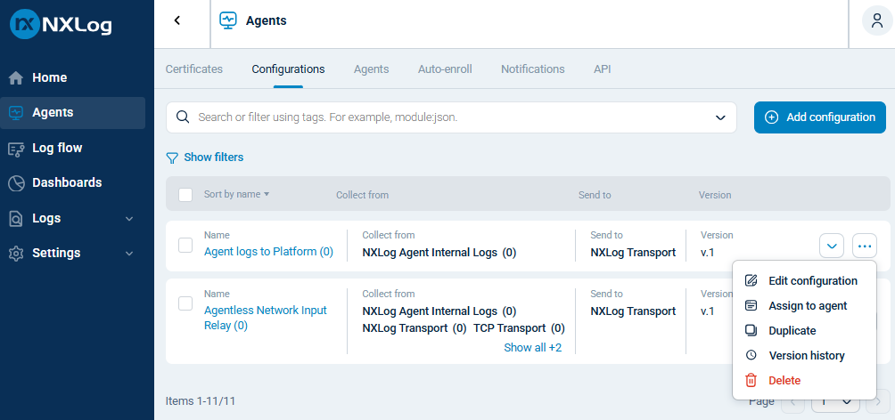 Deleting the built-in agent configurations