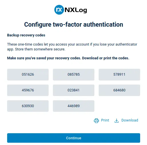 NXLog Platform two-factor authentication recovery codes