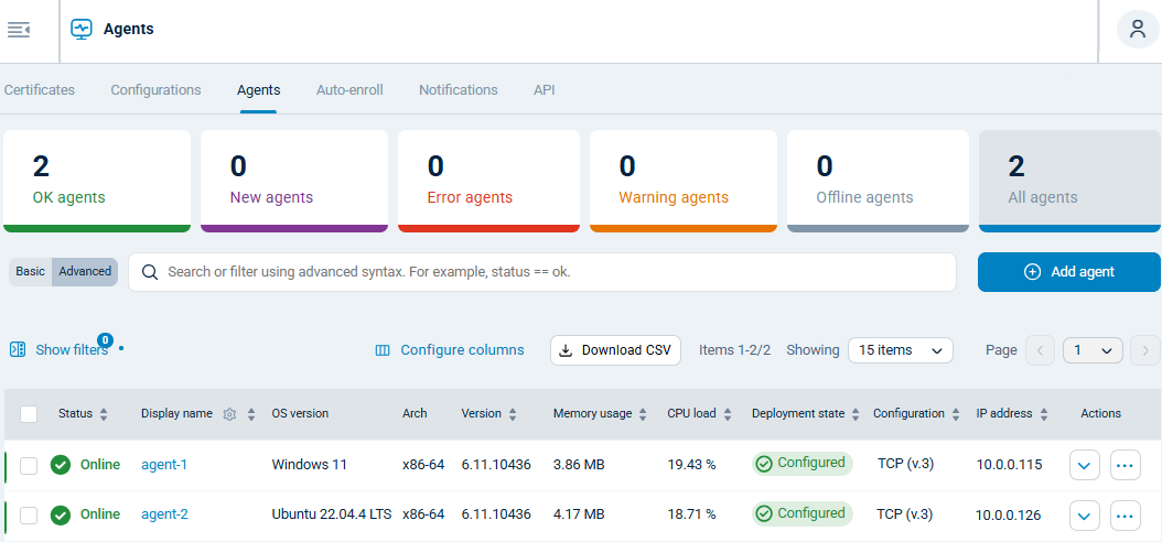 NXLog Platform Agents view