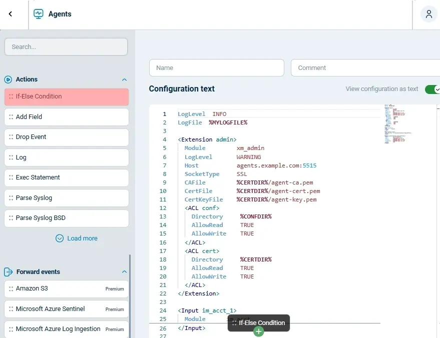 NXLog Agent configuration text editor