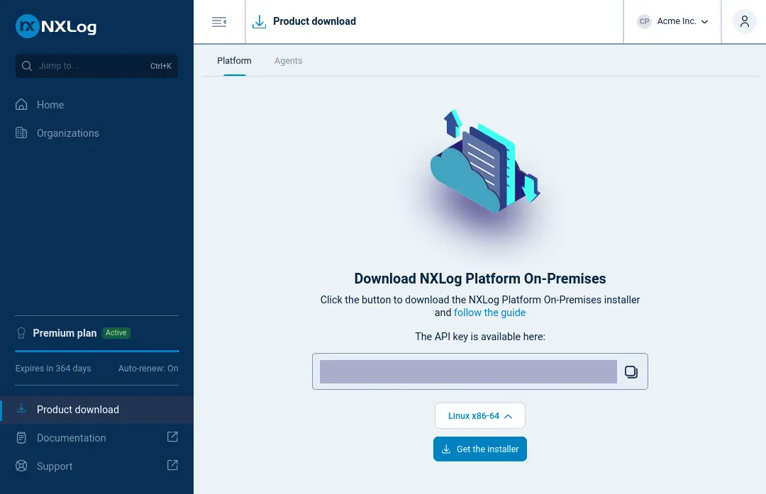 NXLog Platform on-premises download and API key