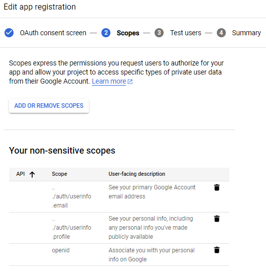 Google Cloud app scopes