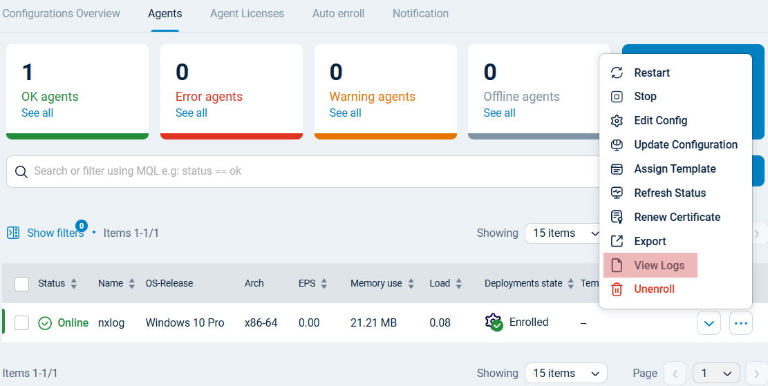 View an NXLog Agent’s logs