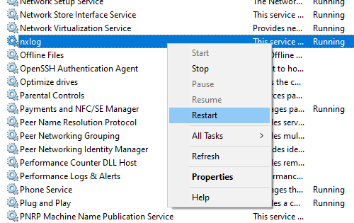 Restart the NXLog Agent service