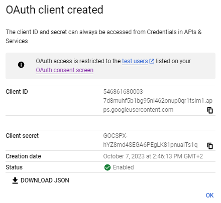 Google Cloud OAuth client details