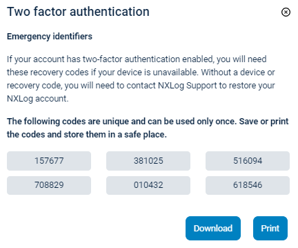 NXLog Platform two-factor authentication recovery codes