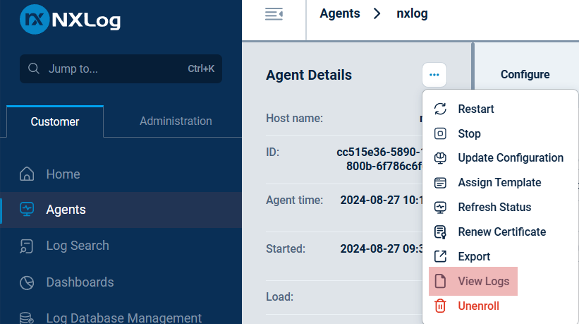 View logs from the agent details view