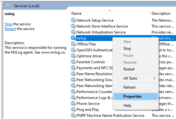 NXLog Agent service properties