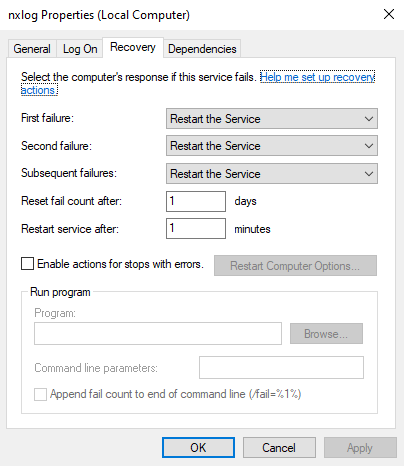 NXLog Agent service recovery options