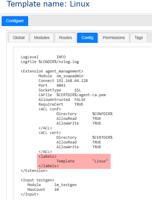 NXLog Manager template with agent label