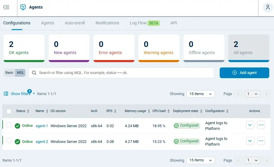 NXLog Platform Agents view