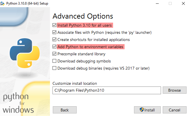 Python installation advanced options